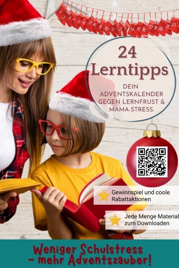 Pin für Pinterest mit dem Titel 24 Lerntipps und einer Mama mit Kind mit Nikolausmütze auf