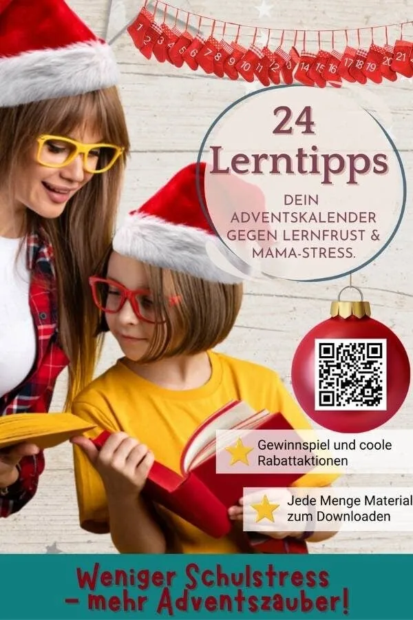 Pin für Pinterest mit dem Titel 24 Lerntipps und einer Mama mit Kind mit Nikolausmütze auf