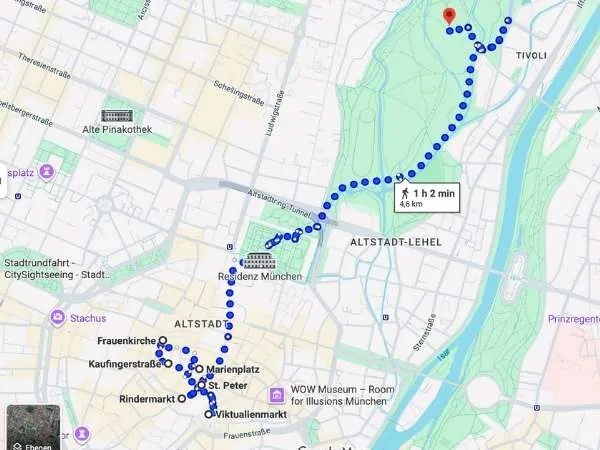 Google Maps mit einer Route vom Marienplatz bis zum chinesischen Turm