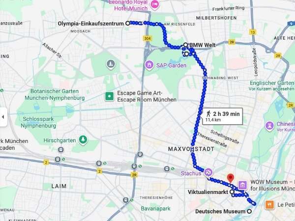 Google Maps Route vom Olympia Einkaufszentrum bis zum deutschen Museum