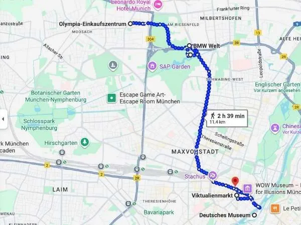 Google Maps Route vom Olympia Einkaufszentrum bis zum deutschen Museum