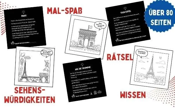 Mal-Spass und Rätsel für Kinder auf Mama-Blog, kreative activity für Familien, Spaß und Lernen im Stil berühmter Sehenswürdigkeiten, über 80 Seiten Wissens- und Malvorlagen.