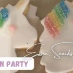Beitragsbild mit dem Text Einhorn Party - Essen, Snacks, Rezepte mit Einhorn-Keksen mit buntem Zuckerguss und Zuckerwatte, perfekte Partydekoration für Kinder-Geburtstagsfeiern.