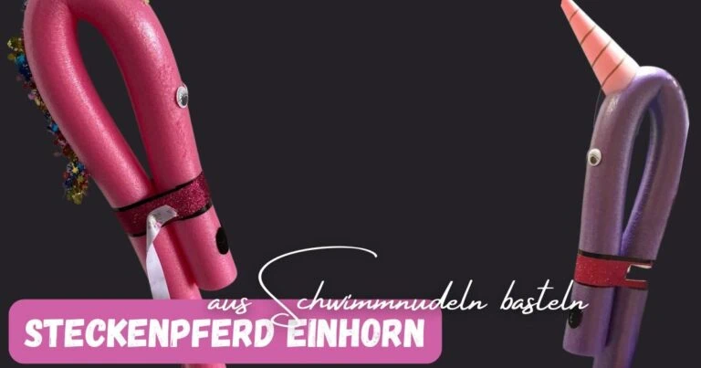 Beitragsbild mit dem Titel: Steckenpferd Einhorn aus Schwimmnudeln basteln. Mit zwei Einhorn Steckenpferden und einem schwarzen Hintergrund
