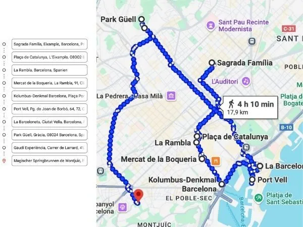 Landkarte mit eingezeichneter Route durch Barcelona mit Kind - Quelle Google Maps