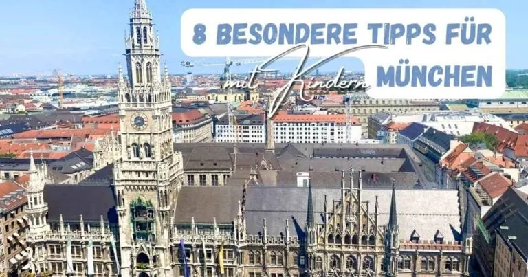Beitragsbild mit dem Titel: 8 besondere Tipps für München mit Kindern - Bayerisches Rathausturm und Münchner Altstadt mit Tipps für Familien und Kinder in München.