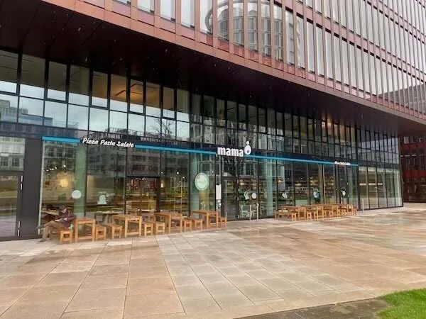 Moderne Café-Fassade mit Terrasse, ideal für Eltern und Kinder, gelegen in Wien, perfekter Ort für Familien, entspannte Atmosphäre, Snack und Kaffee neben dem Bürogebäude.