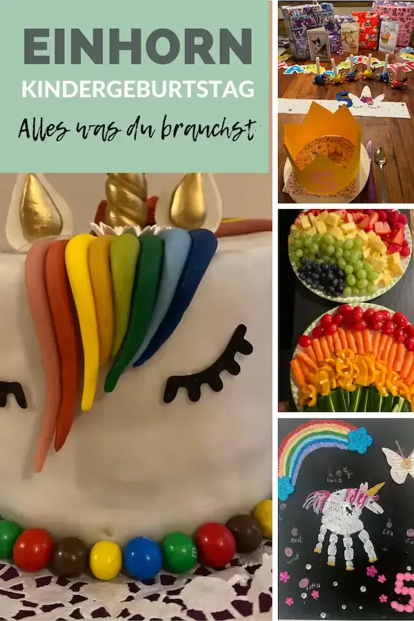 Bunter Einhorn-Kindergeburtstag Kuchen mit Regenbogen-Dekoration; kreative Partyideen, kindgerecht, bunt, festlich, Geburtstag, Kuchendekoration, themenbezogen, Kinderfest.