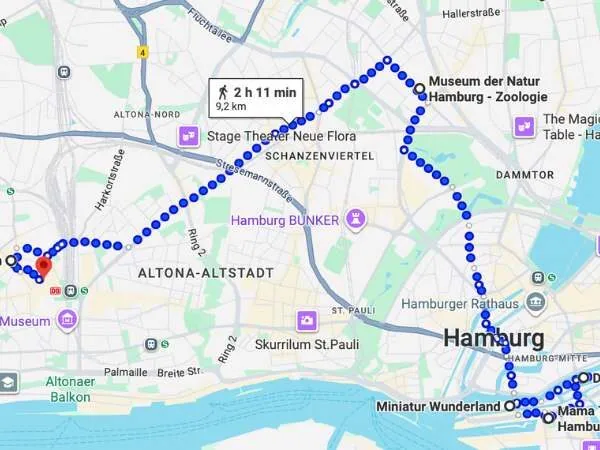 Wanderroute durch Hamburg mit familyfreundlichen Zielen und Naturerlebnissen in der Nähe. Stadtplan HAMBURG MIT der Route von Tag 1 Quelle: Google Maps