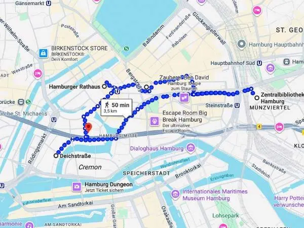 Stadtplan HAMBURG MIT der Route von Tag 2 Quelle: Google Maps Entfernung und Route durch die Hamburger Innenstadt, ideal für Spaziergänge und Stadterkundungen in Hamburg.