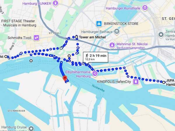 Stadtplan HAMBURG MIT der Route von Tag 3 Quelle: Google Maps