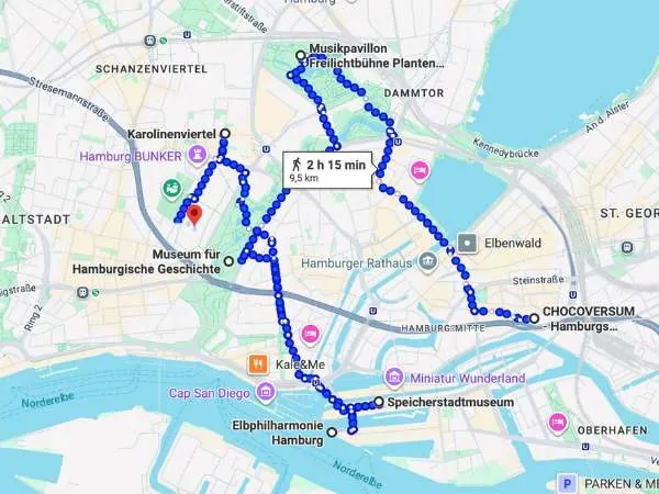 Stadtplan von Hamburg mit der Route von Tag 4 - Quelle: Google Maps