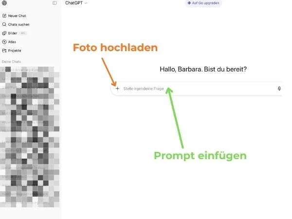 Screenshot eines ChatGPT-Interfaces mit Hochladen-Button und Prompt-Eingabe, ideal für Content-Erstellung und KI-Chat-Anwendungen.