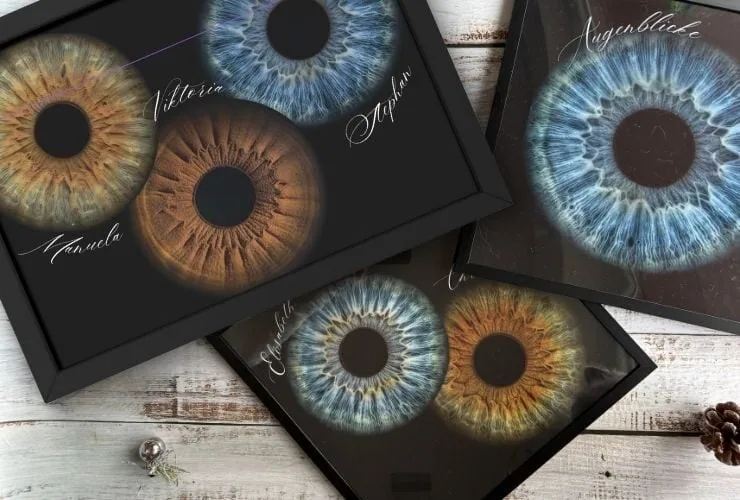 Hochwertige Augenporträts verschiedener Augenfarben in edlen Schachteln, perfekt für personalisierte Geschenke oder Dekorationszwecke, inspiriert von einzigartigen Augen.