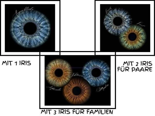 Bunte Iris-Modelle in verschiedenen Farben für Familien- und Paarglück, visuelle Augenzusammenstellung mit einem, zwei und drei Iris für individuelle Bedürfnisse.