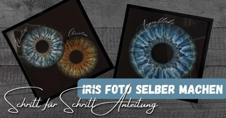 Beitragsbild mit dem Titel "Iris Foto selber machen" sChritt für schritt Anleitung mit 2 Iris Bildern in schwarzem Rahmen im Hintergrund mit einmal einer Iris und einmal 2 Iris