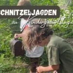 Kinder bei Schnitzeljagd im Grünen, Entdeckungstour vor Kindergeburtstag in Natur, outdoor Spielen, Naturerkundung, Familienaktivität im Wald, Spaß für Kinder.