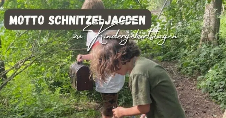 Kinder bei Schnitzeljagd im Grünen, Entdeckungstour vor Kindergeburtstag in Natur, outdoor Spielen, Naturerkundung, Familienaktivität im Wald, Spaß für Kinder.