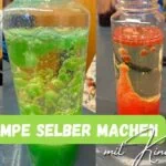 Beitragsbild mit dem Titel: "Lavalampe selber machen mit Kindern" mit 4 verschiedenen Lavalampen färben von grün über rot, blau und orange.
