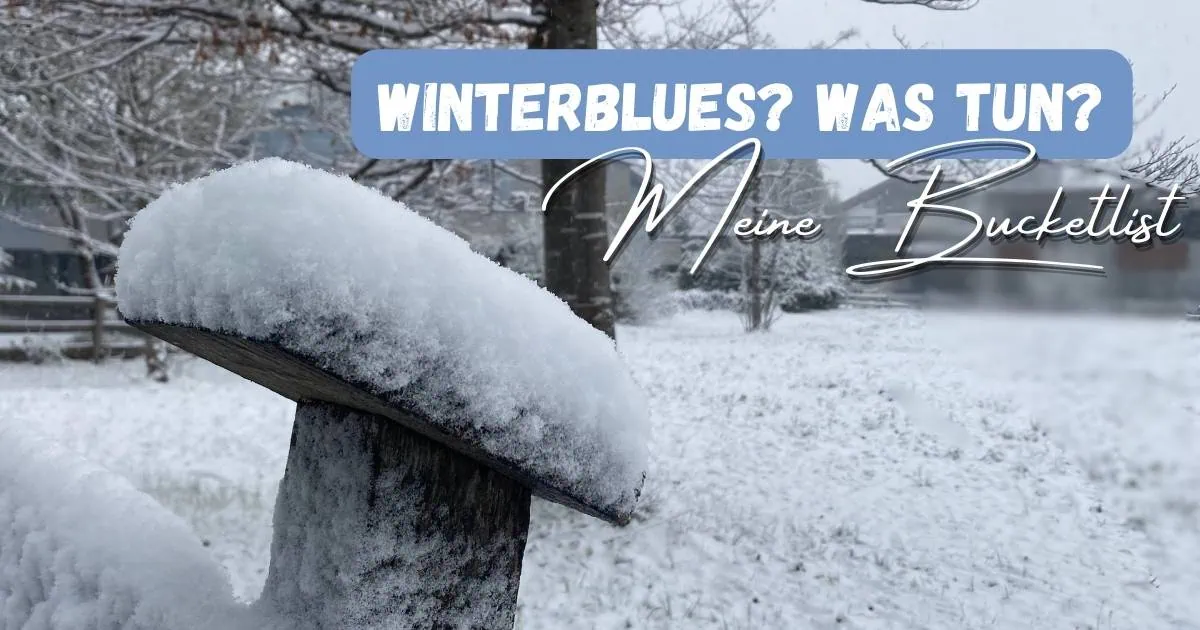 Beitragsbild mit dem Titel: Winterblues? Was tun? Meine Bucketlist! und im Hintergrund Schneebedeckter Baumstumpf im Winter mit Schnee bedeckt, passend zum Thema Winterblues und Tipps gegen Stimmungstief in der dunklen Jahreszeit.