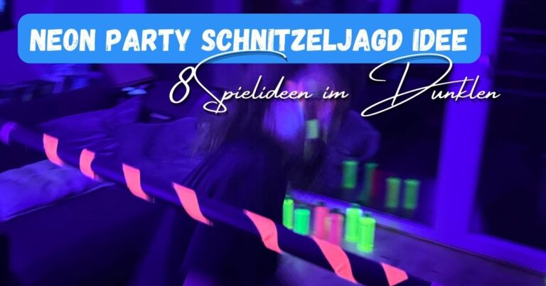 Beitragsbild mit dem Titel: Neon Party Schnizteljagd - 8 Spielideen im Dunklen - Bunte Neonlichter und dunkle Atmosphäre bei einer Schnitzeljagd im Neon-Licht. Ideal für Techno- oder Partyabende, kreative Spielideen für Jugendliche, Freunde oder Events.