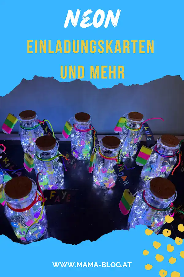Pin für Pinterest mit dem Titel: Neon Einladungskarten und mehr : NEON Einladungskarten und Dekorationen für die Neon Party mit UV-Lampe, leuchtende Flaschen mit Geheimbotschaften, kreative DIY-Dekorationen für eine coole Party.