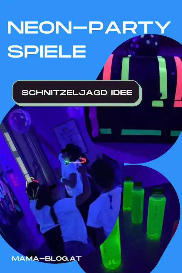 Pin für Pinterest mit dem Titel Neon-Party Spiele und neon blau im Hintergrund