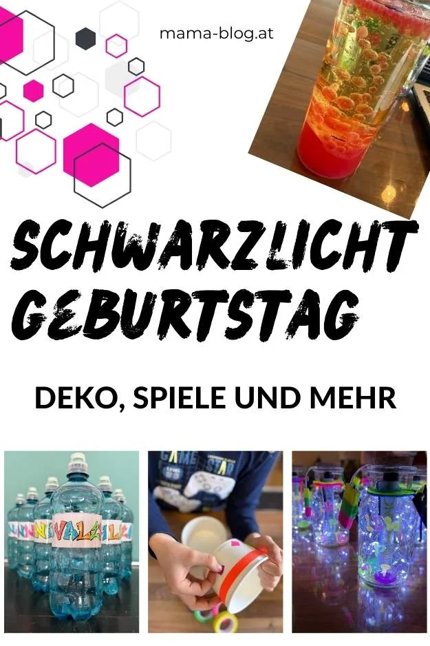 Pin für die bunte Schwarzlicht-Party mit Glow-in-the-Dark-Elementen, Dekorationen und Spielen für einen unvergesslichen Kindergeburtstag im Neon-Party-Stil.