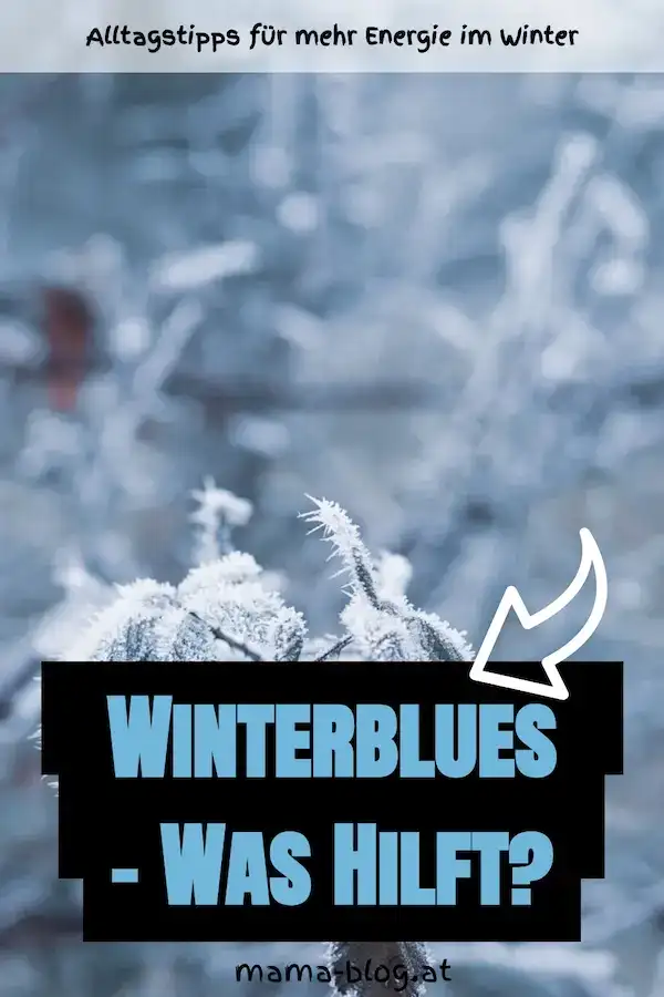 Pin für Pinterest mit dem Titel: "Winterblues - WAs hilft?" und im Hintergrund Schneebedeckte Pflanzen im Winter mit dem Titel "Winterblues – Was hilft?" auf einer Website für Wintertipps, um Energie im Winter zu steigern