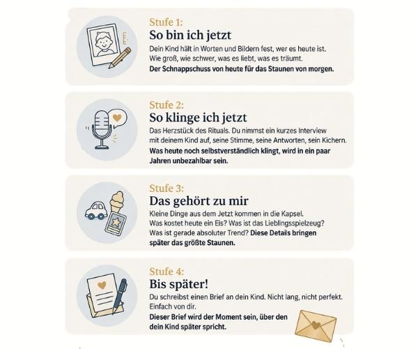 4 Stufen der Zeitreise als Grafik mit kurzen Erklärtesten