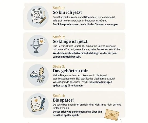 4 Stufen der Zeitreise als Grafik mit kurzen Erklärtesten