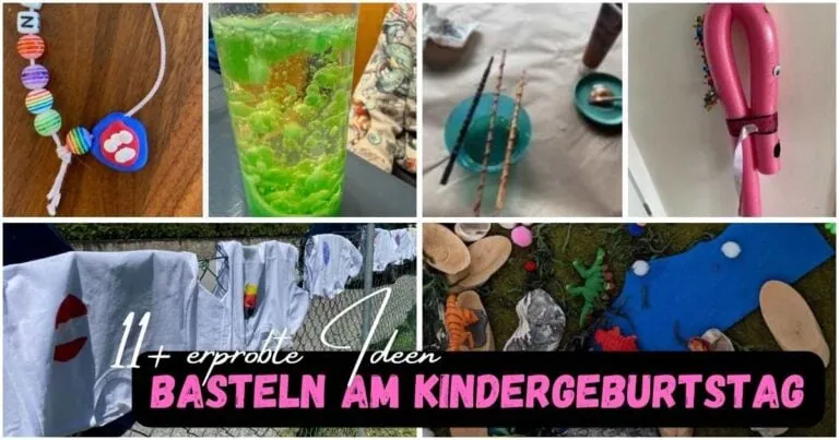 Beitragsbild mit dem Titel: Basteln am Kindergeburtstag: 11+ erprobte Ideen mit einer Collage von kreative DIY-Deko, Bastelideen und Party-Accessoires für eine unvergessliche Kinderparty, passend zum Thema Kindergeburtstag und Basteln.