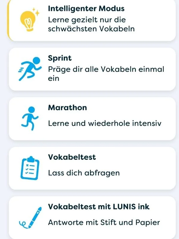 Lernmethoden für Vokabeln: Intelligenter Modus, Sprint, Marathon, Vokabeltest und Vokabeltest mit Lunis Ink – effektives Lernen und Wiederholen für Sprachschüler.