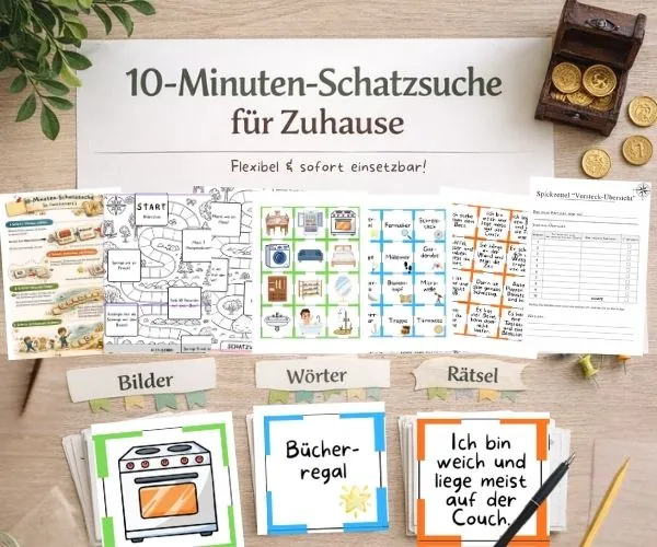 Mockup für das Produkt der 10-Minunten-Schatzsuche mit allen Kärtchen und Materialien auf einem Tisch