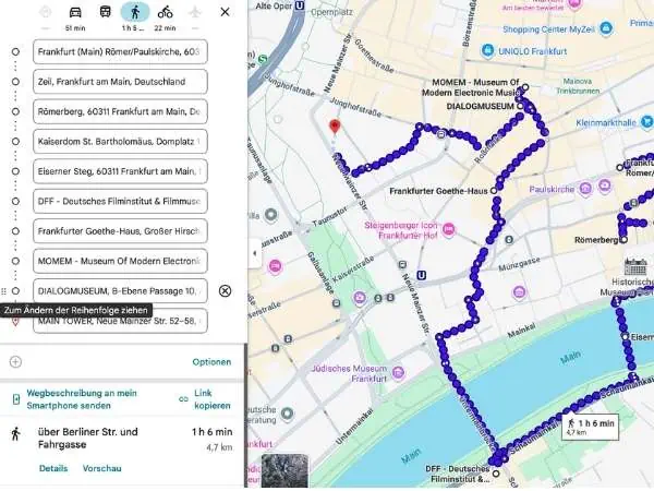 Quelle: Google Maps mit Plan von Frankfurter Stadtplan mit Sehenswürdigkeiten, Museen und öffentlichen Verkehrsmitteln in Frankfurt am Main, Deutschland.