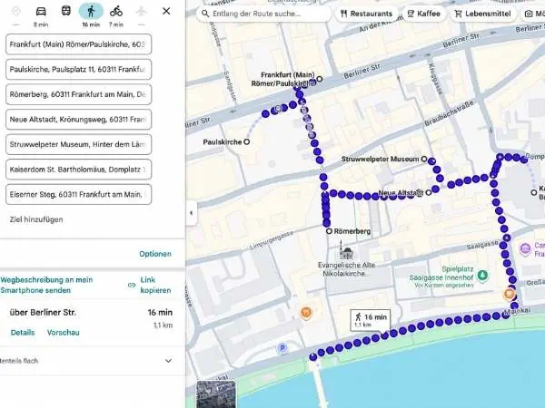 Quelle: Google Maps: Plan von Frankfurt Main Römer, Paulskirche, Museum, Kaiserstraße, Neue Altstadt, Sehenswürdigkeiten, Stadtplan, öffentliche Verkehrsmittel, Touristenattraktionen, Stadtführung, Frankfurt entdecken.