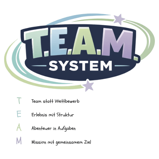 T.E.A.M.-Überblick Logo mit bunten Buchstaben und Sternen, symbolisiert Teamarbeit und Zusammenarbeit im Mama-Blog-Kontext, passend zum Beitrag "T.E.A.M.-Überblick".