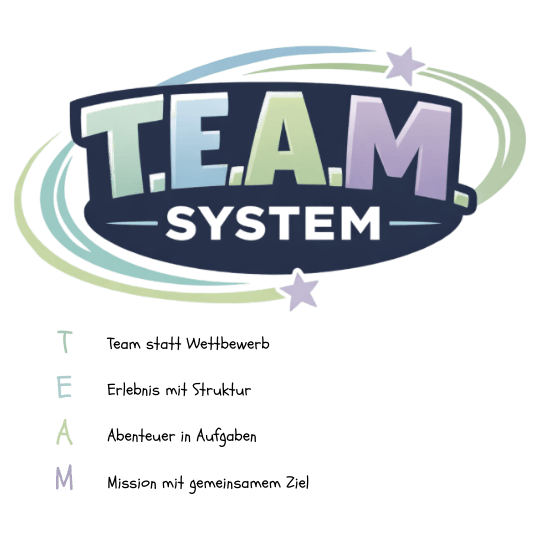 T.E.A.M.-Überblick Logo mit bunten Buchstaben und Sternen, symbolisiert Teamarbeit und Zusammenarbeit im Mama-Blog-Kontext, passend zum Beitrag "T.E.A.M.-Überblick".
