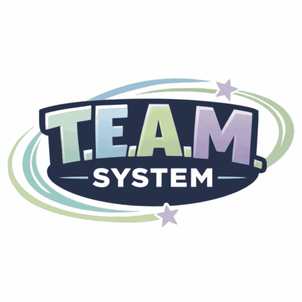 T.E.A.M.-System Logo mit bunten Buchstaben und Sternen, geeignet für Teamspiele und Teamentwicklung, ideal für Eltern und Kinder, die Spaß an gemeinschaftlichen Aktivitäten haben.