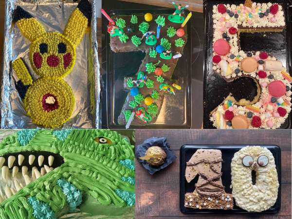 Pikachu-Kuchen aus Zuckerguss, kreative Kindergeburtstagsdeko, bunte Dinosaurier-Kekse, grüne Drachen-Torte mit Zähnen, leckere Kekse mit Schokolade und Zuckerguss, festliche Geburtstagssüßigkeiten, M.