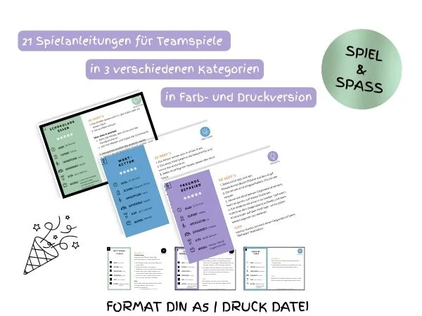 Übersicht der 21 Spielanleitungen für Teamspiele in verschiedenen Kategorien, farblich gestaltet, inklusive Druckversionen, ideal für Eltern und Pädagogen, fördert Spiel & Spaß.
