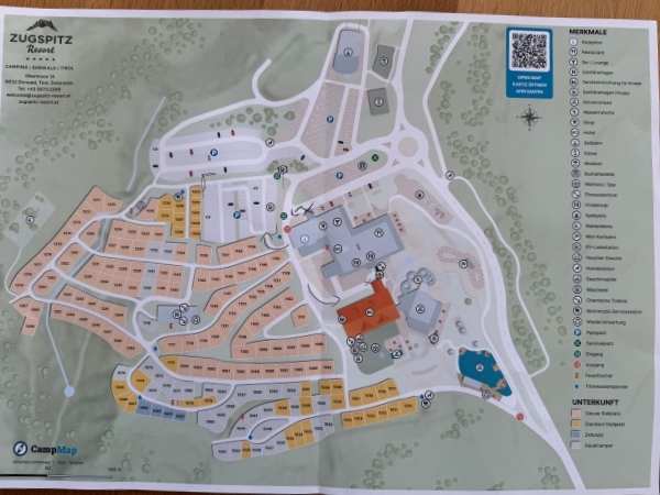 Lageplan des Campingplatzes Zugspritz in Österreich, zeigt Stellplätze, Einrichtungen und Wege, ideal für Campingurlaub mit Familie und Naturerlebnis.