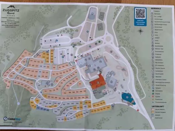 Lageplan des Campingplatzes Zugspritz in Österreich, zeigt Stellplätze, Einrichtungen und Wege, ideal für Campingurlaub mit Familie und Naturerlebnis.