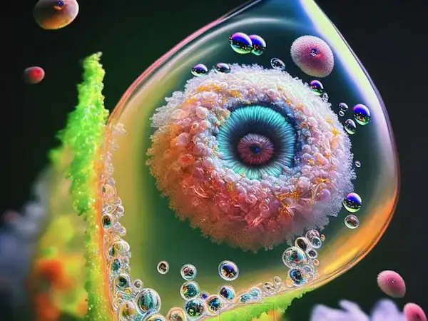 Farbenfrohes Makrobild eines Auges in einer Seifenblase mit bunten Blasen und lebendigen Details, ideal für Familienaktivitäten in Prag mit Kindern, kreative und kinderfreundliche Erlebnisse.