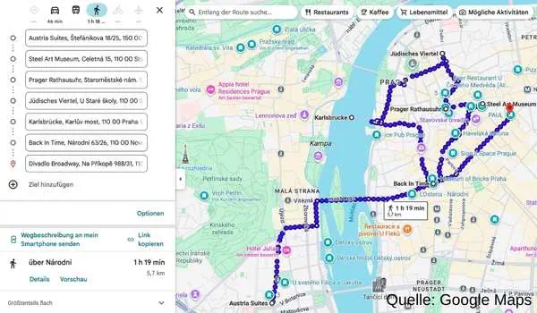 Quelle Google Maps - Tour von Tag 2 im Überblick - Entdecken Sie familienfreundliche Aktivitäten in Prag, inklusive kinderfreundlicher Sehenswürdigkeiten, Parks und Restaurants, perfekt für einen unvergesslichen Familienurlaub in der tschechischen Hau.
