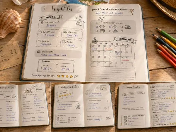 Mockup von 4 Innenseiten als Collage des Familien Reisetagebuches