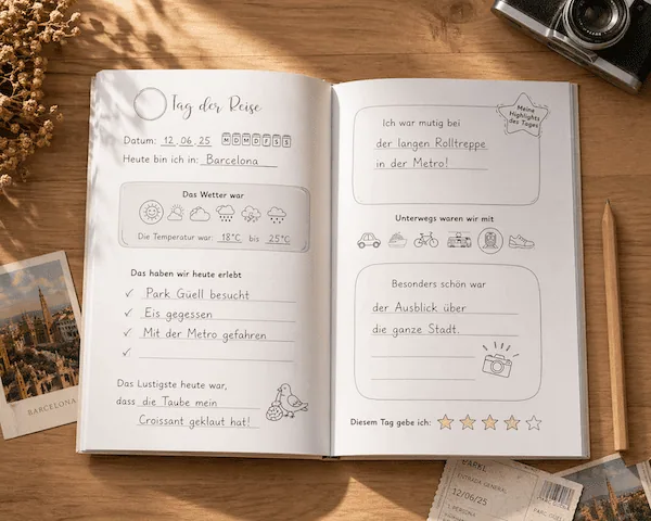 Mockup einer Seite aus dem Reisetagebuch auf einem Tisch liegend