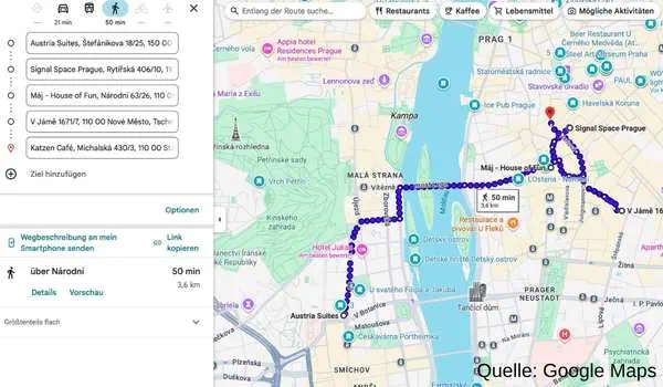 Quelle Google Maps - Tour von Tag 3 im überblick - Familienfreundliche Aktivitäten in Prag für Kinder und Eltern, inklusive kinderfreundlicher Restaurants, Parks und Sehenswürdigkeiten für einen unvergesslichen Familienausflug.