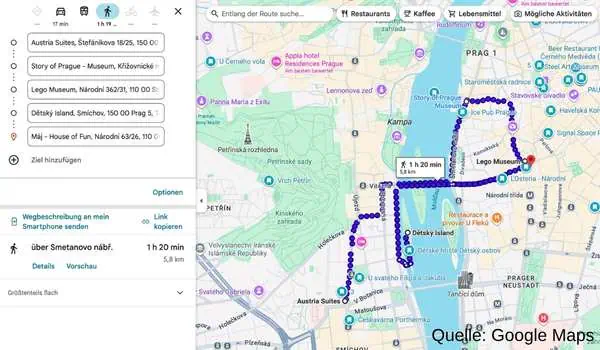 Quelle Google Maps: Tour von Tag 4 im Überblick - Familienfreundliche Aktivitäten in Prag mit Kindern, inklusive Museen, Parks und kinderfreundliche Sehenswürdigkeiten für einen unvergesslichen Familienurlaub.