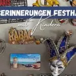 Schöne Urlaubserinnerungen und Souvenirs von Reisen, inklusive Schlüsselanhänger, Magneten und Postkarten, perfekt für Familien und Kinder, ideal für Reiseerinnerungen sammeln.
